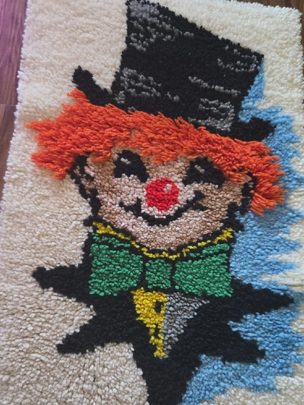 Handmade Clown Accent Rug in Cream, Orange, Green, Black